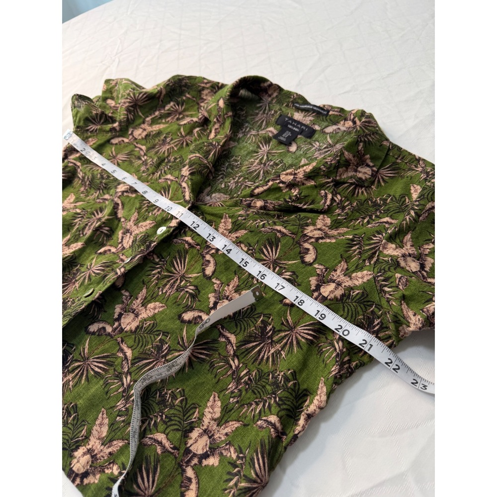 Tahari 100% Linen Green Botanical Print Top Women M Cropped Boxy Button Front - Picture 6 of 8